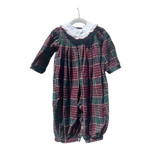Vintage Rosey kids Plaid Romper Baby Girl 18 months Smocked  Embroidered Holiday